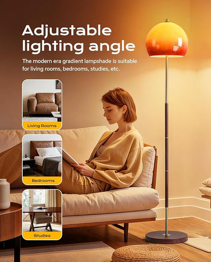 Orange Mushroom Floor Lamp, Vintage Floor Lamp with Gradient Glass Shade & Walnut Color Finish - Mid Century Modern Brushed Gold Standing Lamp for Living Room, Bedroom, Office