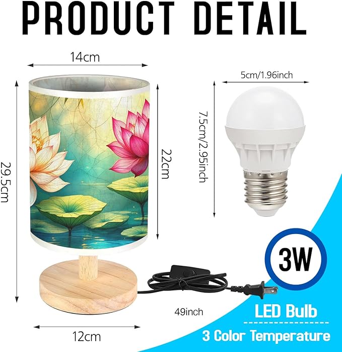 Lotus Table Lamp LED 3-Color Pressed Bedside, Lotus Shade Lamp with Wood Base for Bedroom Living Room Desk Office