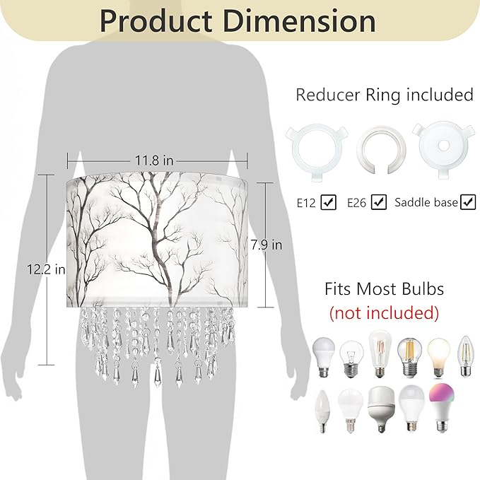 Winter Tree Branch Lamp Shade with Acrylic Bead Droplets, Branch Drum Fabric Light Shade for Pendant Table & Floor Lamp, Traditional Mordern Decor, 11.8in