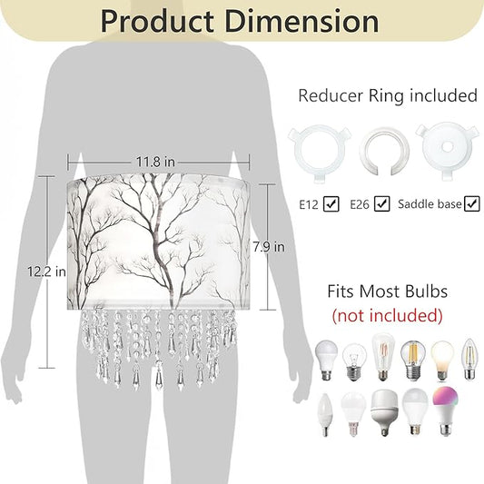Winter Tree Branch Lamp Shade with Acrylic Bead Droplets, Branch Drum Fabric Light Shade for Pendant Table & Floor Lamp, Traditional Mordern Decor, 11.8in