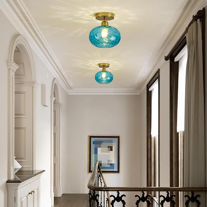 Blue Glass Semi Flush Mount Ceiling Light - 7.9 Inch Hammered Art Deco Glass Small Hallway Light fixtures, Vintage Gold Flush Mount Ceiling Light for entryway Foyer Laundry Room Kitchen