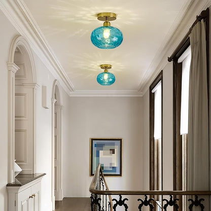 Blue Glass Semi Flush Mount Ceiling Light - 2 Pack,7.9 Inch Hammered Glass Small Hallway Light fixtures, Vintage Gold Art Deco Flush Mount Ceiling Light for entryway Foyer Laundry Room Kitchen