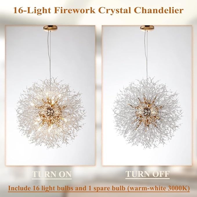 Dandelion Crystal Chandeliers, 16-Light Firework Pendant Light Fixtures in Gold, 80W Modern Crystal Sputnik Hanging Lights for Living Room Bedroom Hallway
