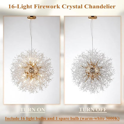 Dandelion Crystal Chandeliers, 16-Light Firework Pendant Light Fixtures in Gold, 80W Modern Crystal Sputnik Hanging Lights for Living Room Bedroom Hallway