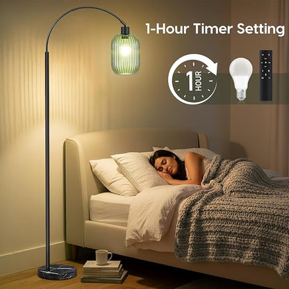 COTTHOS Glass Floor Lamp for Living Room, Modern Standing Lamp with Ribbed Glass Lampshade Marble Base, 68” Tall Lamp with Remote Control and Pedal Switch for Bedroom(6000K LED Bulb Included)