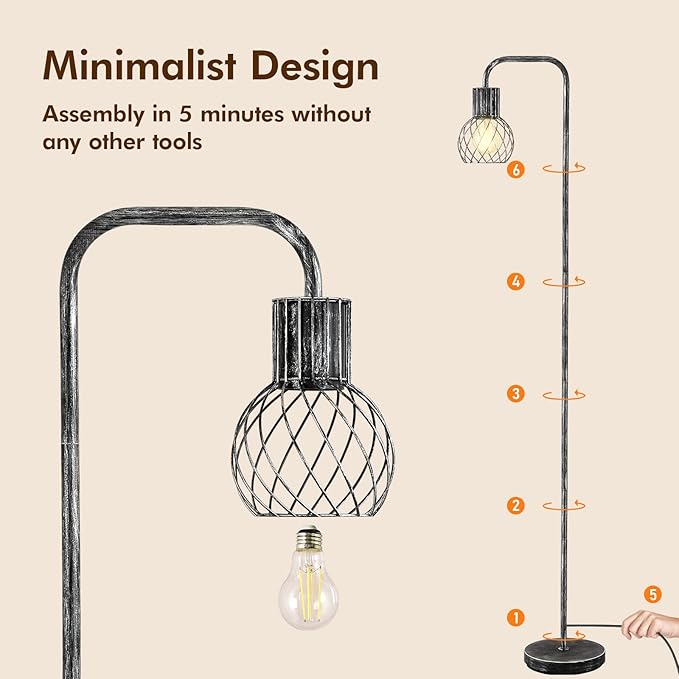 Industrial Floor Lamp, Antique Silver Standing Lamp Modern with 6W LED Bulb, Foot Switch, Metal Tall Lamps for Living Room, Bedroom, Office, Den, Vintage Stand Up Lamp, Minimalist Farmhouse Floor Lamp