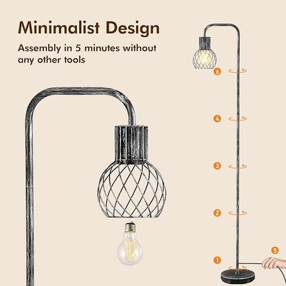 Industrial Floor Lamp, Antique Silver Standing Lamp Modern with 6W LED Bulb, Foot Switch, Metal Tall Lamps for Living Room, Bedroom, Office, Den, Vintage Stand Up Lamp, Minimalist Farmhouse Floor Lamp