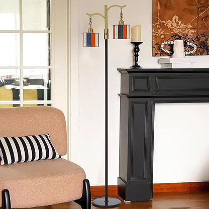 Vintage Dimmable Floor Lamp, Tiffany Standing Lamp with 2 Stained Glass Shades, Rustic Farmhouse Floor Lamp with Black and Gold Finish for Living Room Bedroom