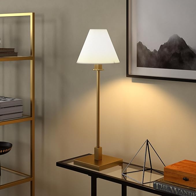 Henn&Hart 28'' Modern 1-Light Table Lamp with White Fabric Cone Shade for Dining Room, Living Room, or Office, Brass/White
