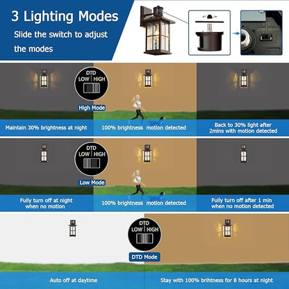 2 Pack Motion Sensor Outdoor Wall Lights Dusk to Dawn Exterior Porch Lantern Brown Outside Sconce Lighting Fixtures Rustic Farmhouse Wall Mount Carriage Lamp for House Garage Patio
