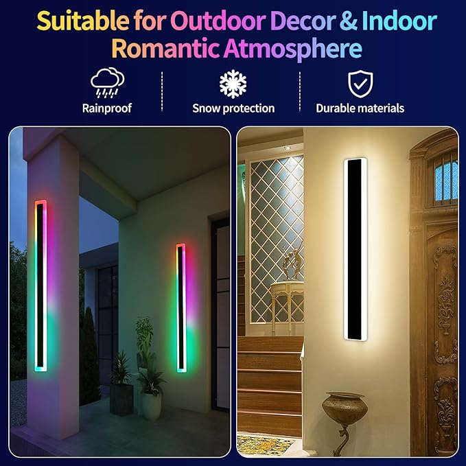 Mikeru Modern Outdoor Light Fixture, 31.4inch Modern RGB Outdoor Wall Light 10%-100% Dimmable with Memory Function Long Outdoor Porch Lights Featuring Multiple Modes and 12 Colors for Patio Entryway