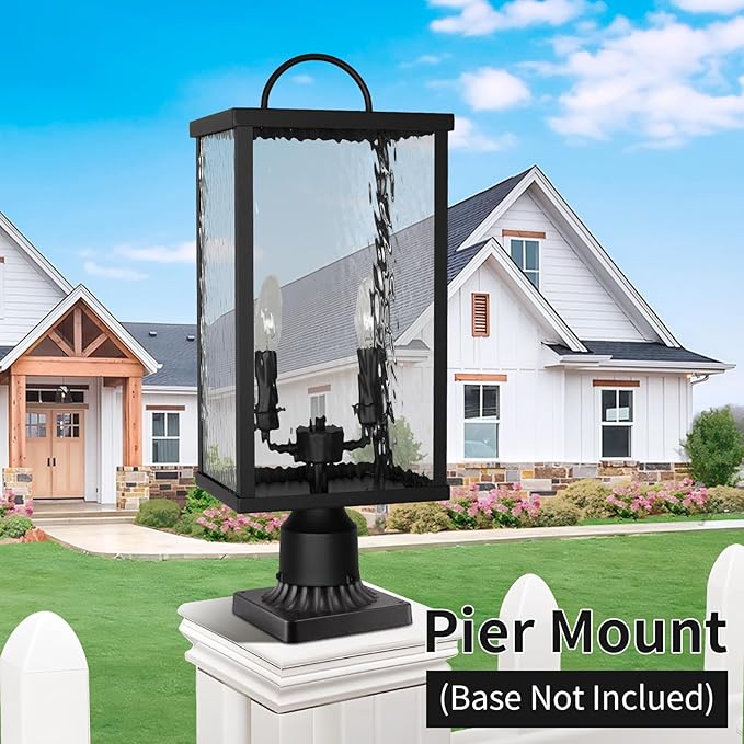Outdoor Post Light Fixture, Modern Black Pole Lantern with Water Ripple Glass, Farmhouse Exterior Post Cap Lamp with E12 Sockets for Garden, Pathway, Courtyard, Patio, Porch, Driveway, Street