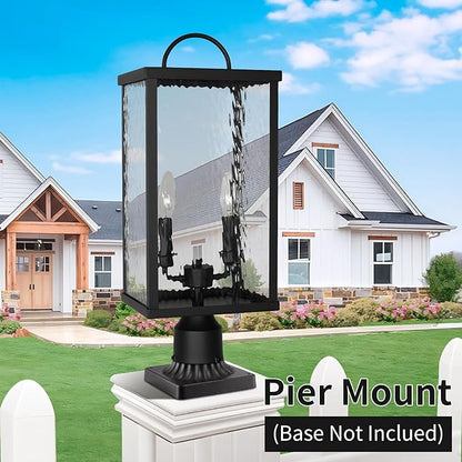 Outdoor Post Light Fixture, Modern Black Pole Lantern with Water Ripple Glass, Farmhouse Exterior Post Cap Lamp with E12 Sockets for Garden, Pathway, Courtyard, Patio, Porch, Driveway, Street