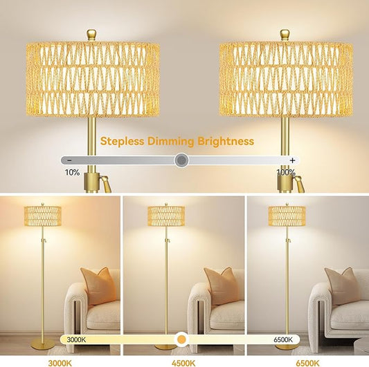 Gold Floor Lamps for Living Room Rattan Boho Floor Lamp with Remote Control,Dimmable Wicker Floor Lamps with 3 Color Temperature Modern Standing Lamp Brass Tall Floor Lamp for Bedroom Corner