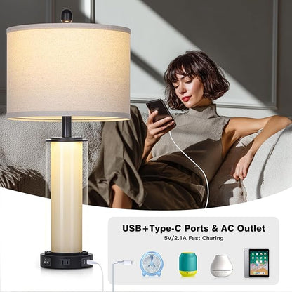 26" Black Glass Table Lamps Set of 2, Modern Bedroom Lamps with Built-in Frosted Glass Night Light , Tall Living Room Lamp with USB C+A Ports & Outlet, Bedside Lamp for Nightstand Side End Decoration