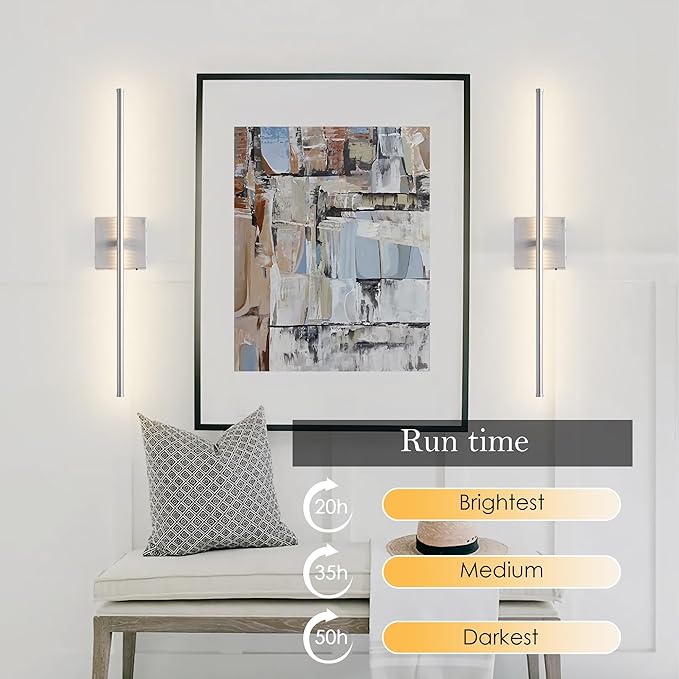 Battery Operated Wall Sconces with Remote Control, Dimmable Wall Sconces Set of Two, 350°Rotate, 3000K LED Nickel Wireless Wall Light for Living Room, Hallway, Bedroom, 28.3 Inch (2 Pack)