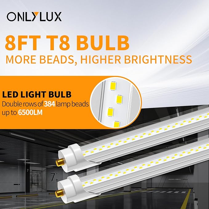 8Ft Led Bulbs, 48W 6500lm 5000K(12 Pack), 8 Foot Led Bulbs, T8 T12 Led Replacement Lights, FA8 Single Pin Clear Cover, Replace F96t12 Fluorescent Light Bulb