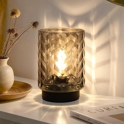 Battery Operated Lamp with Timer, Small Table Lamp for Office Desk Decor, Glass Cordless Lamp Bedside Cozy Light for Living Room Aesthetic, Entryway Wave Design-Grey