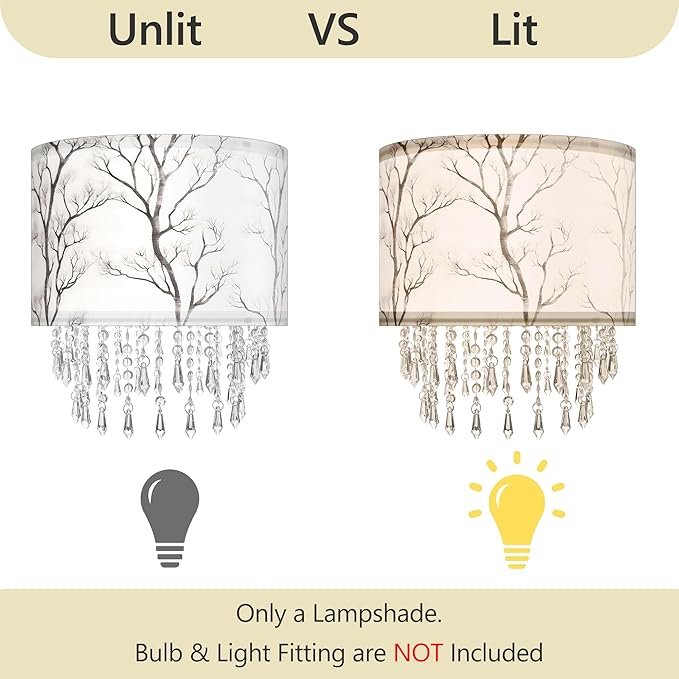 Winter Tree Branch Lamp Shade with Acrylic Bead Droplets, Branch Drum Fabric Light Shade for Pendant Table & Floor Lamp, Traditional Mordern Decor, 11.8in