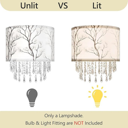Winter Tree Branch Lamp Shade with Acrylic Bead Droplets, Branch Drum Fabric Light Shade for Pendant Table & Floor Lamp, Traditional Mordern Decor, 11.8in