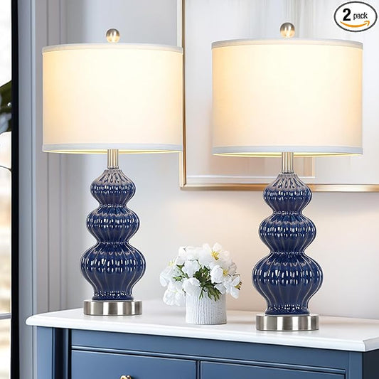 26" Blue Table Lamp Set of 2 with Rotary Control, Ceramic Table Lamps Classic Beside Lamps Nightstand Lamp Modern Table Lamp for Living Room,LED Bulbs Included