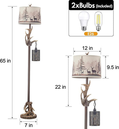 Rustic Deer Antlers Floor Lamps with Forest-Style Nightlight Finish Shade Lamps, Vintage Farmhouse Antlers Floor Lamp for Living Room Bedroom Office Study House (Bulbs Included)