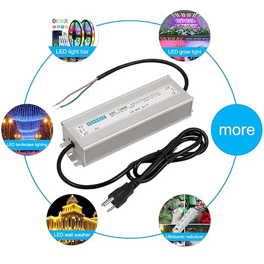 LED Driver 24V150W Waterproof IP67 Power Transformer AC90-130V to DC 24V6.25A Low Voltage Switching Power Supply with 3-pin US Standard Plug for Indoor and Outdoor LED Light Bars