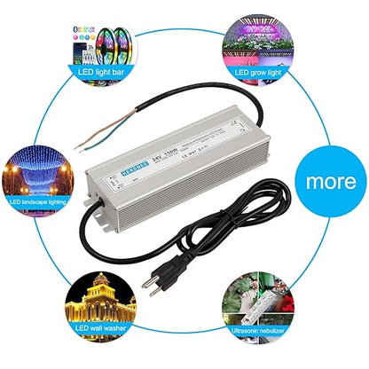 LED Driver 24V150W Waterproof IP67 Power Transformer AC90-130V to DC 24V6.25A Low Voltage Switching Power Supply with 3-pin US Standard Plug for Indoor and Outdoor LED Light Bars