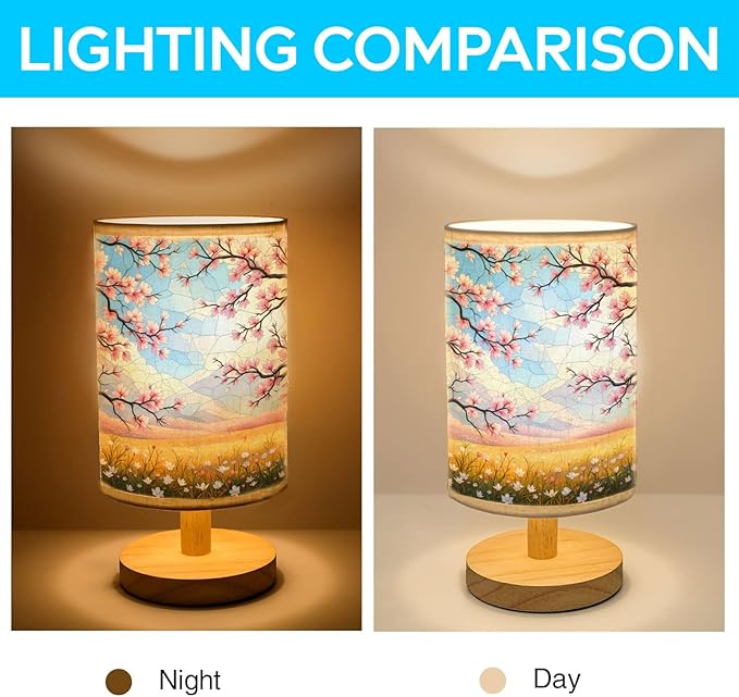 Cherry Blossom Field in Full Bloom Table Lamp LED 3-Color Pressed Bedside, Cherry Blossom Field in Full Bloom Shade Lamp with Wood Base for Bedroom Living Room Desk Office TL01