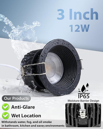 Adetu 3 Inch 5CCT Black Anti-Glare LED Downlight with Junction Box, 2700K/3000K/4000K/5000K Selectable, CRI90+, 12W COB, 1160LM, IP65 Waterproof, Dimmable-ETL and Energy Star Certified (Black,12 Pack)