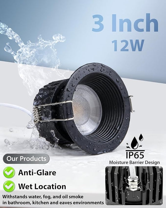 Adetu 3 Inch 5CCT Black Anti-Glare LED Downlight with Junction Box, 2700K/3000K/4000K/5000K Selectable, CRI90+, 12W COB, 1160LM, IP65 Waterproof, Dimmable-ETL and Energy Star Certified (Black,12 Pack)