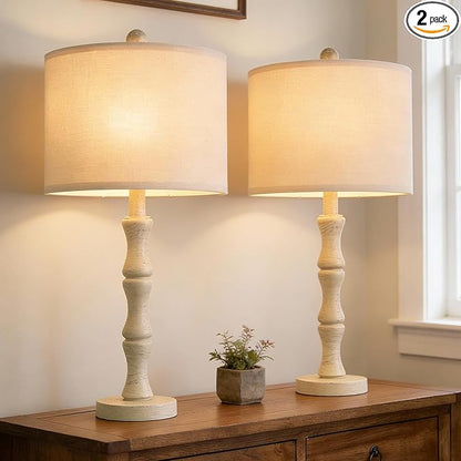 BOBOMOMO 25" Farmhouse Bedside Lamps Set of 2, Vintage Nightstand Lamps with Antique White Resin Base & Linen Shade, Standard Table Lamps for Bedroom, Living Room, End Table & House Décor