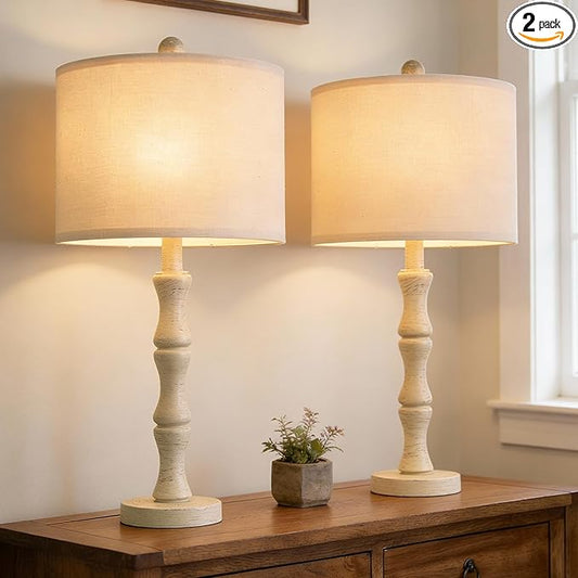 BOBOMOMO 25" Farmhouse Bedside Lamps Set of 2, Vintage Nightstand Lamps with Antique White Resin Base & Linen Shade, Standard Table Lamps for Bedroom, Living Room, End Table & House Décor