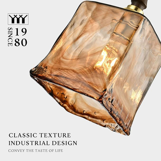 Modern Amber Glass Pendant Light, 5.25"x11.7" Elongated Hanging Fixture with Wood Grip & Brass Accent, 15"-72" Adjustable Line, E26 Socket – Golden Amber Rectangular