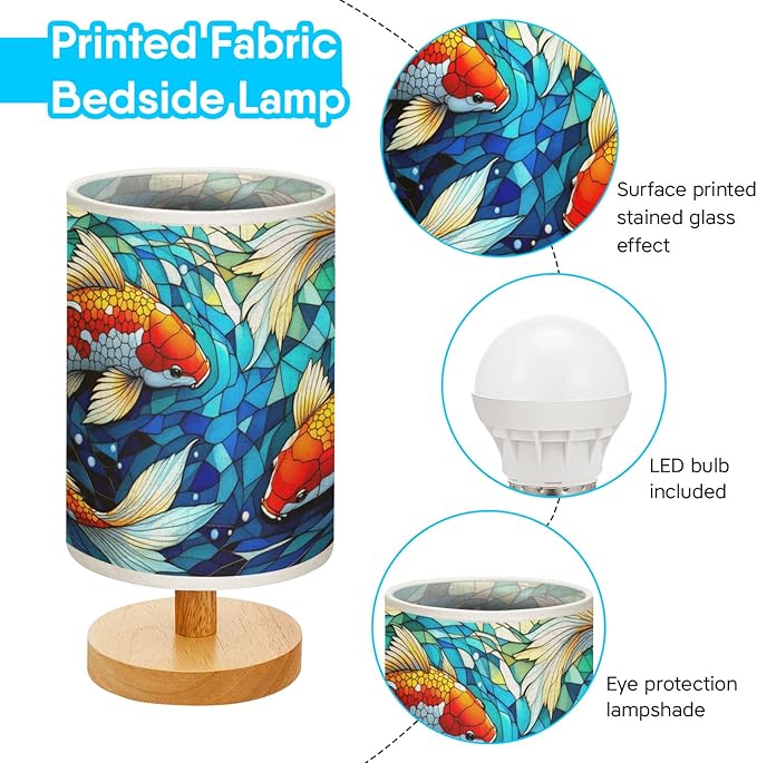 Koi Fish Table Lamp LED 3-Color Pressed Bedside, Koi Fish Shade Lamp with Wood Base for Bedroom Living Room Desk Office TL01