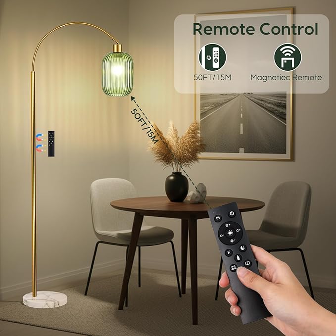 COTTHOS Floor Lamp for Living Room, Modern Gold Lamp with Ribbed Glass Lampshade Marble Base, 68” Glass Tall Lamp with Remote Control and Pedal Switch for Bedroom (6000K LED Bulb Included)