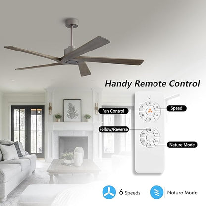 WINGBO 64 Inch DC Ceiling Fan without Lights, 5 Reversible Carved Solid Wood Blades, 6-Speed Noiseless DC Motor, Ceiling Fan No Light with Remote, Graphite Finish with Gray Blades, ETL Listed