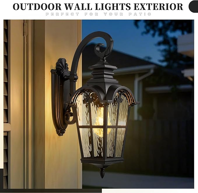 Outdoor Wall Sconce Lights Black Anti-Rust Wall Mount Light with Water Ripple Glass Aluminum Exterior Lights for Garager Doorway and Patio E26 Socket and Waterproof