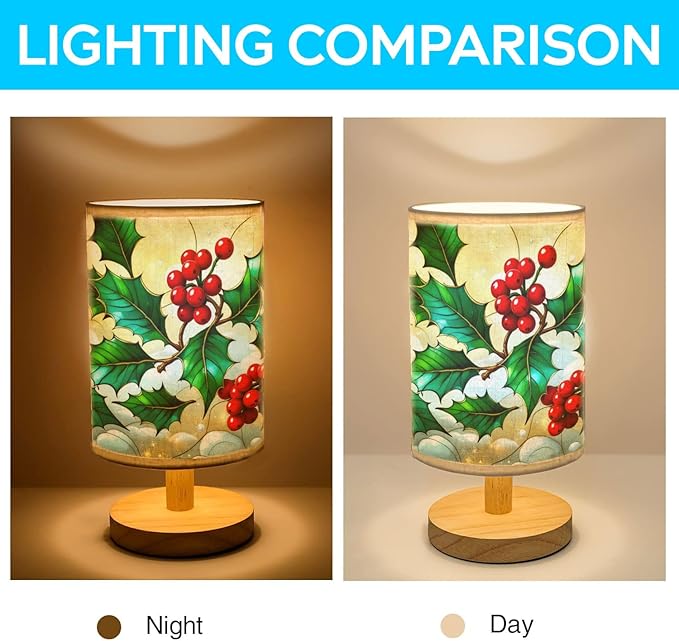 Holly Table Lamp LED 3-Color Pressed Bedside, Holly Shade Lamp with Wood Base for Bedroom Living Room Desk Office