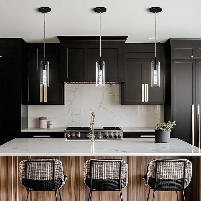 Pendant Ceiling Light Fixture, LED Kitchen Lighting Crystal Pendant Lights Kitchen Island, 1-Light Integrated Kitchen Hanging Light Fixture Modern Island Light with Bubble Glass Three Pack