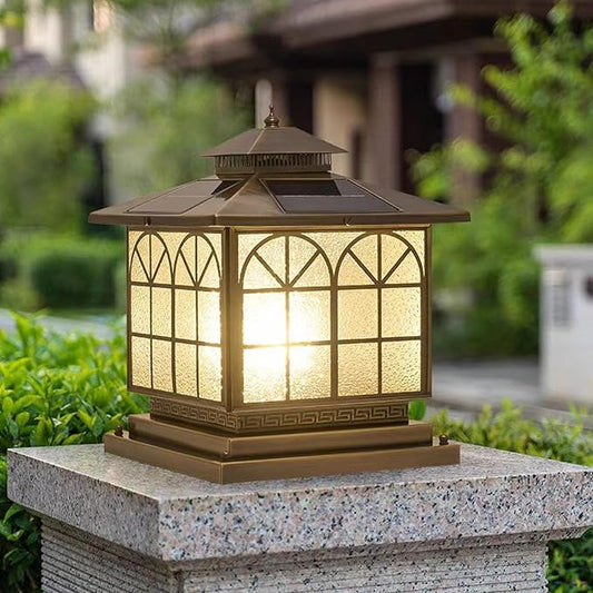 Copper Solar Outdoor Post Lights, Vintage Patio Lawn Column Lamp, Deck Lights, Lantern Fence Lamp Fixture, Luxury Landscape Lighting (Solar, 12x12in, Copper, Brown)
