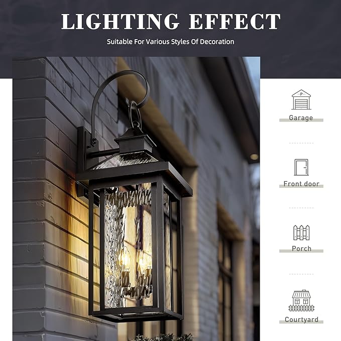 zeyu Extra Large Outdoor Wall Lighting, 31.3 Inch Exterior 3-Light Wall Lamp for Patio, Die-Cast Aluminum with Water Ripple Glass, Black Finish, ZW114BL BK-SW