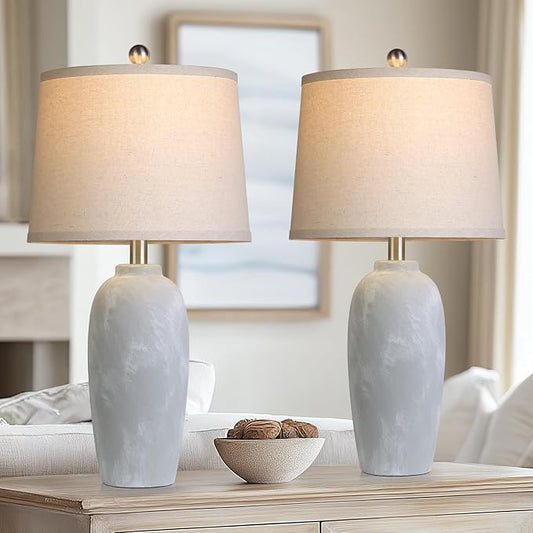 25“ Jar Table Lamps Set of 2, Ceramic Bedside Lamps for Bedroom, Grey Farmhouse Nightstand Lamps for Living Room