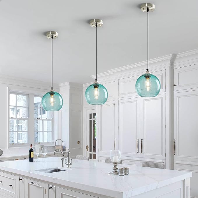 Light Blue Glass Pendant Lights Kitchen Island Lighting Globe Pendant Light Fixtures Modern Pendant Lighting for Bedroom Living Dining Room Light Fixture (7.87 in, 3 Pack)