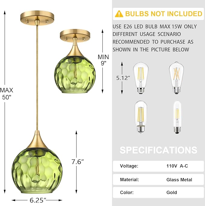 6.3" Hammer Dark Green Glass Pendant Light 3 Pack Pendant Ceiling Light Fixtures Gold Finish Modern Farmhouse Dinning Over Sink Adjustable Height Cord
