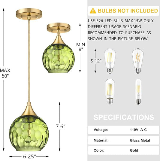 6.3" Hammer Dark Green Glass Pendant Light 3 Pack Pendant Ceiling Light Fixtures Gold Finish Modern Farmhouse Dinning Over Sink Adjustable Height Cord