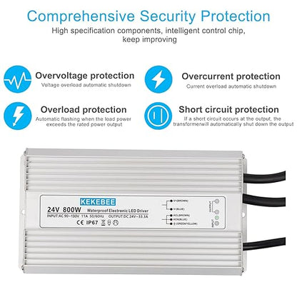 LED Driver 24V800W Waterproof Power Supply 90-130V to 24V33.3A AC to DC Converter IP67 Low Voltage Transformer Suitable for Indoor and Outdoor LED Lighting and Any 24V DC Device