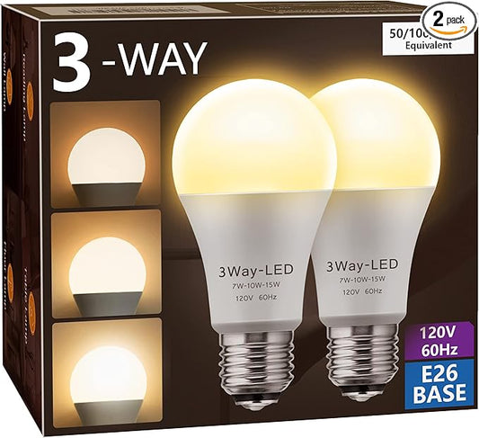 Briignite LED Light Bulbs, 3 Way LED Light Bulbs 50 100 150W Equivalent, 3 Way Light Bulb, Three Way A19 Light Bulbs E26 Medium Base, Warm White 3000K, 500lm-1000lm-1500lm, 2 Pack