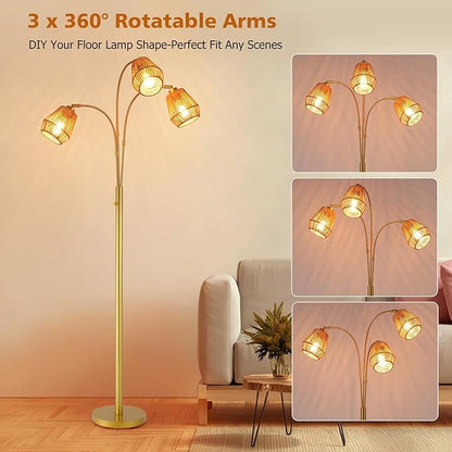 9MMML Vintage Gold Arc Floor Lamp with Rotatable Arms & Rattan Lampshade, 3-Light Mode Rotary Switch Adjustable, 72.5'' Tall Standing Lamp for Living Room, Bedroom, E26 Base