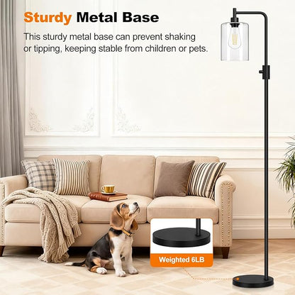 【Upgraded】Dimmable Floor Lamp for Living Room with Glass Shade, Black Modern Industrial Floor Lamp with 900LM LED Bulb Included, Bright Standing Tall Lamp for Bedroom, Office, Reading Room, Corner